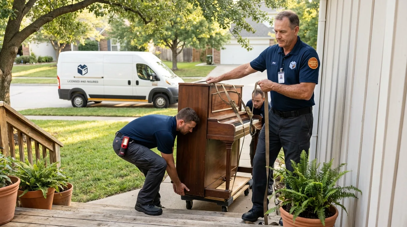 Licensed piano movers securing grand piano in Bruce, MS